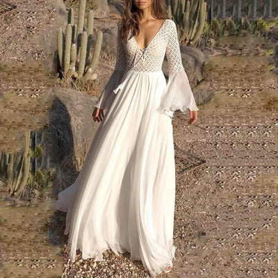 Talira Flare Sleeve V Neck Lace Maxi Dress