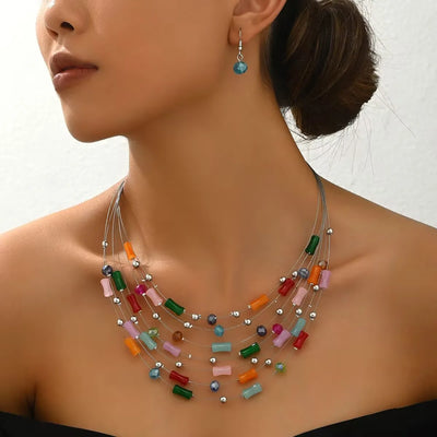 Ethnic Boho Multilayer Crystal Beads Necklace & Earrings Set
