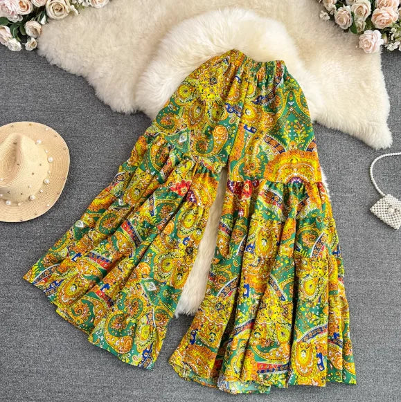 Boho Floral Print Wide Leg Pants