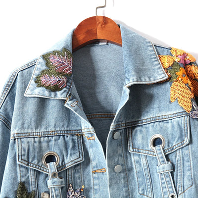Embroidered Sequin Flower Denim Jacket