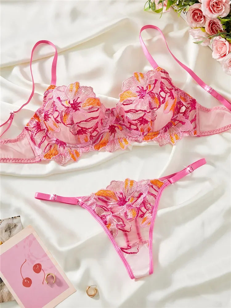 Sunset Embroidered Floral Bra & Underwear Set