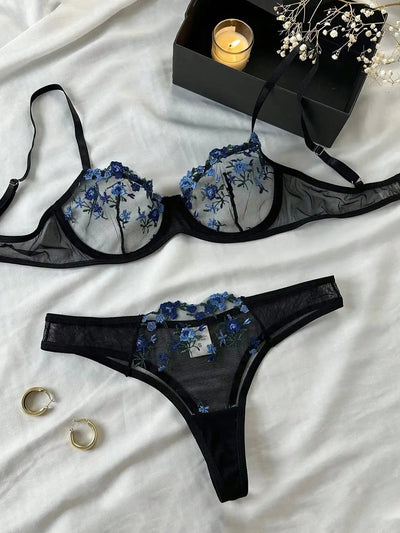 Embroidered Lace Flower Bra & Underwear Set