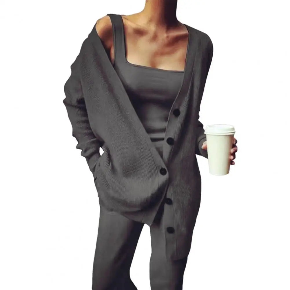 Callira Knitted 3 Piece Tank Top Cardigan & Pants Set