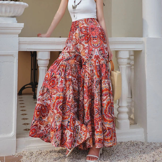 Boho Floral Print Wide Leg Pants