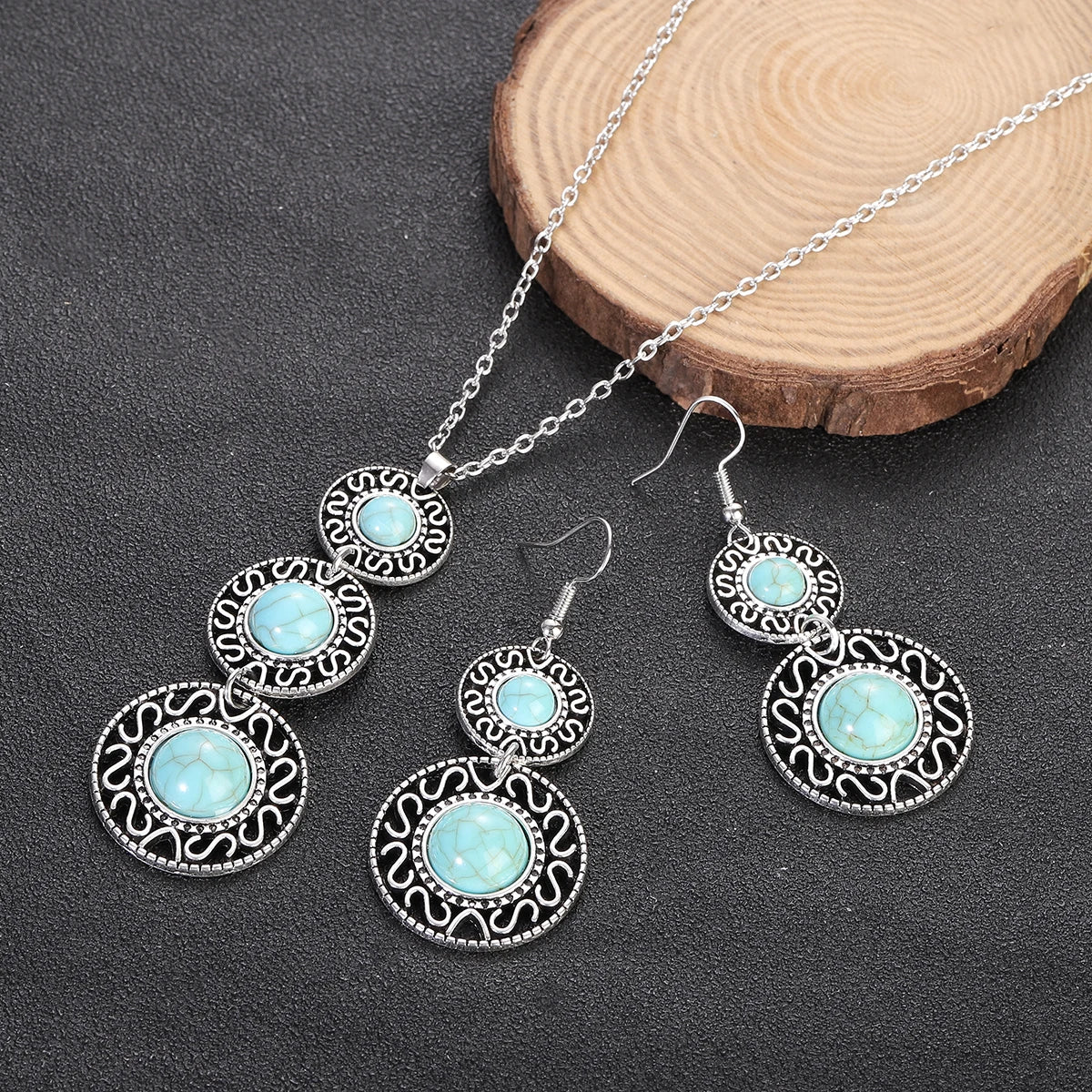 Boho Inlaid Turquoise Round Drop Jewelry Set