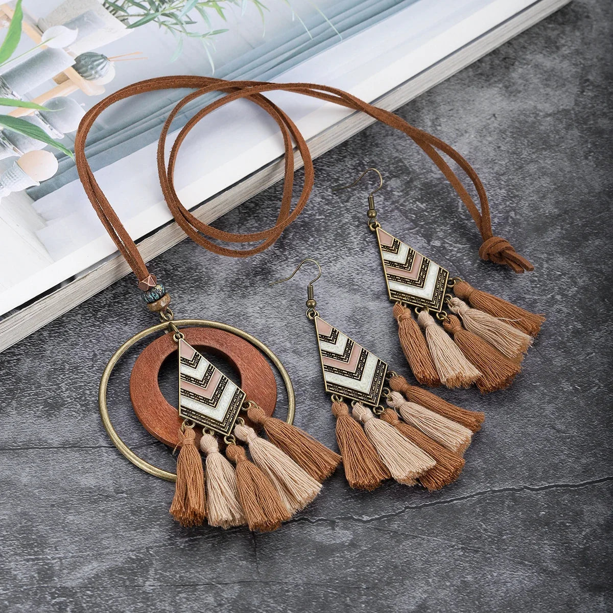 Handmade Wooden Tassle Earrings & Necklace Set