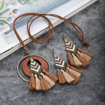 Handmade Wooden Tassle Earrings & Necklace Set