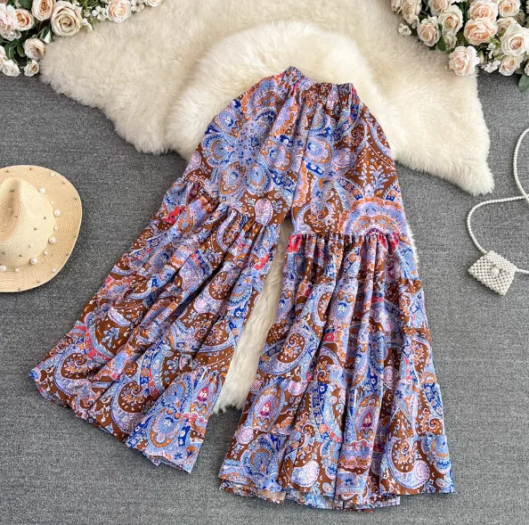 Boho Floral Print Wide Leg Pants