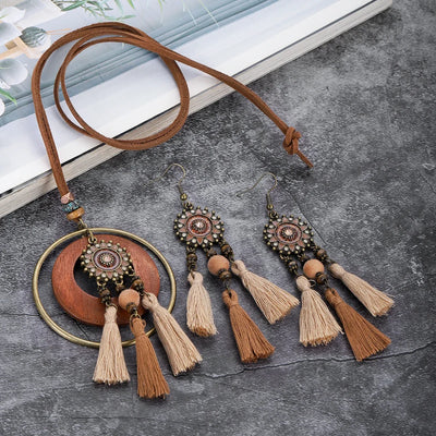 Handmade Wooden Tassle Earrings & Necklace Set