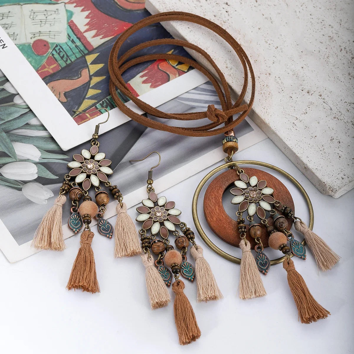 Handmade Wooden Tassle Earrings & Necklace Set