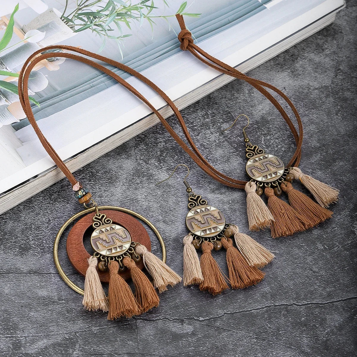 Handmade Wooden Tassle Earrings & Necklace Set