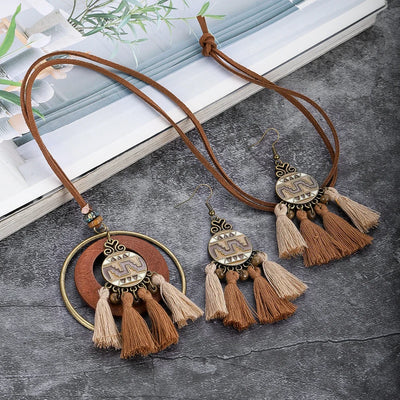 Handmade Wooden Tassle Earrings & Necklace Set