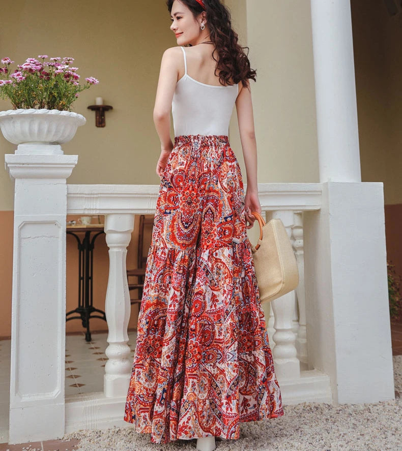 Boho Floral Print Wide Leg Pants