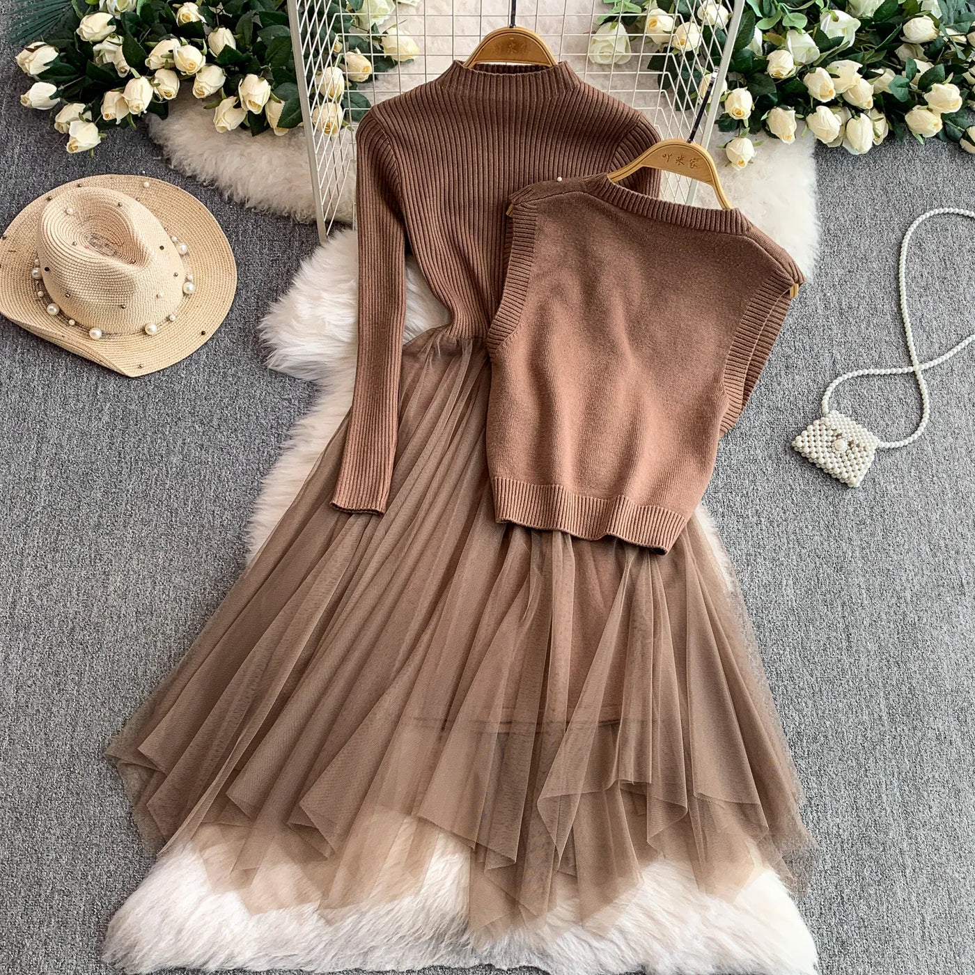 Blushing Rose Chic Dress and Floral Vest Set