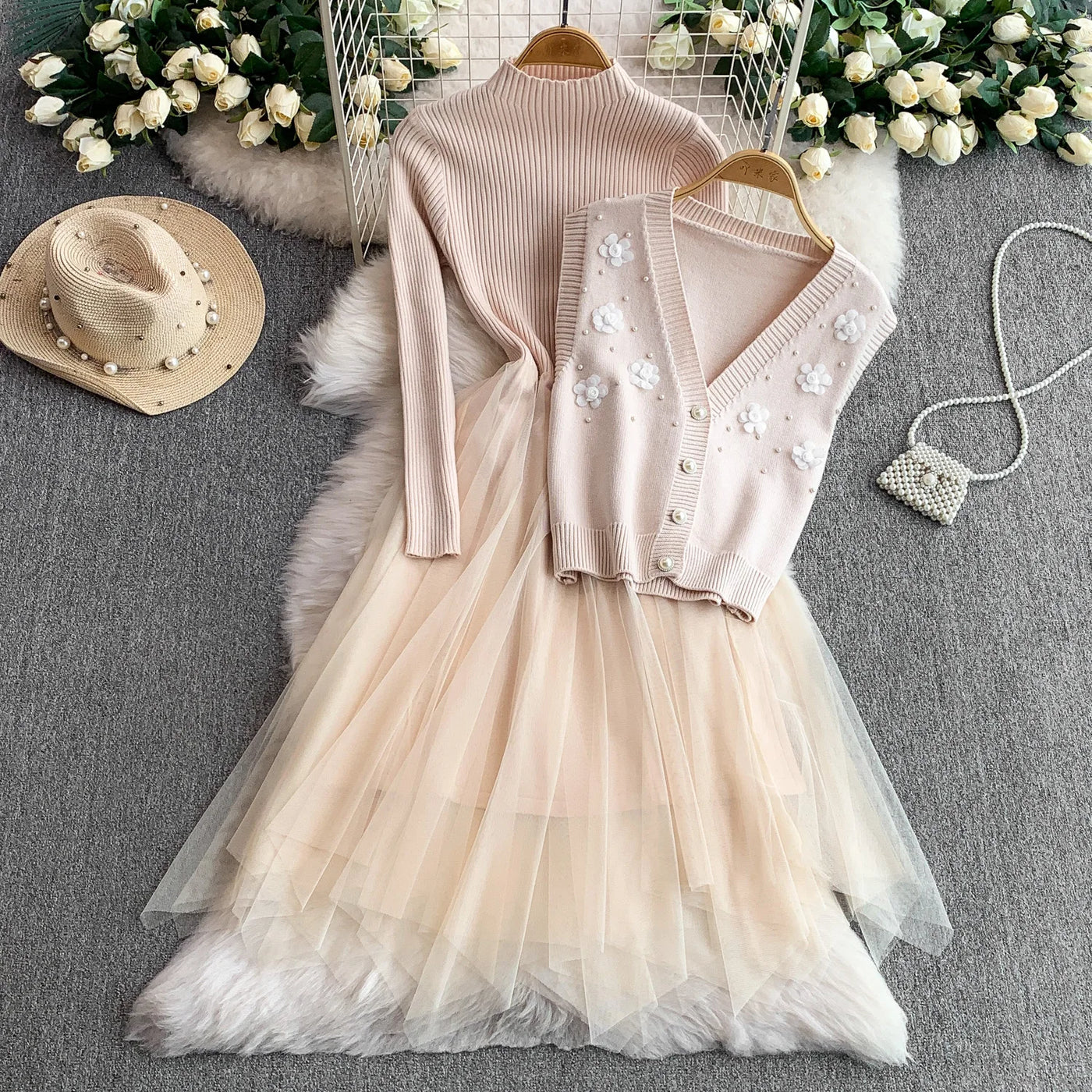 Blushing Rose Chic Dress and Floral Vest Set