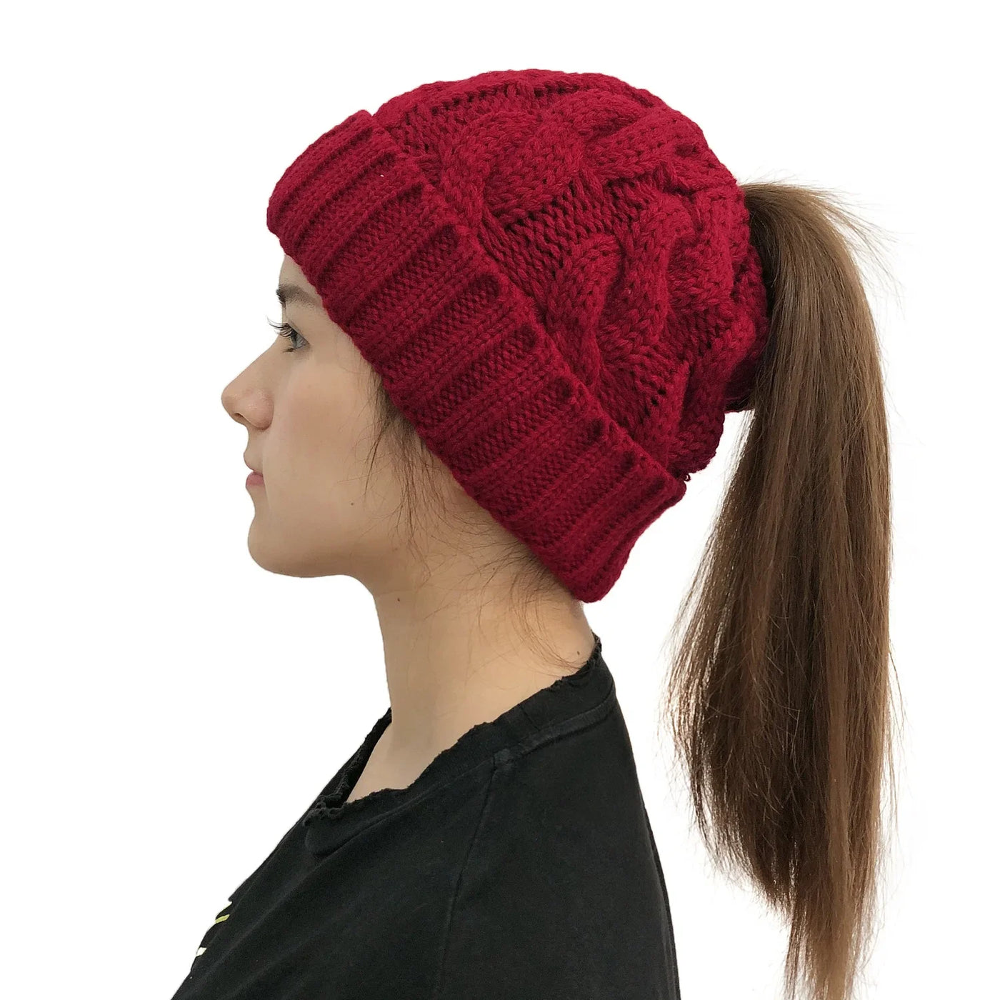 Knitted Beanie With Ponytail Hole