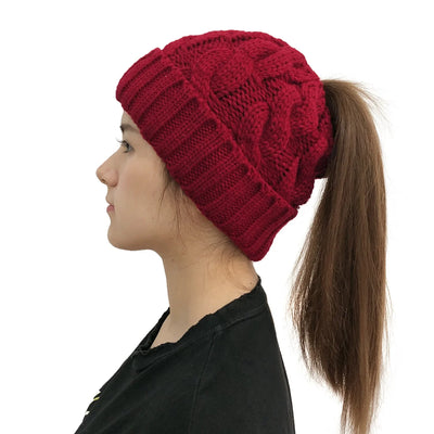 Knitted Beanie With Ponytail Hole