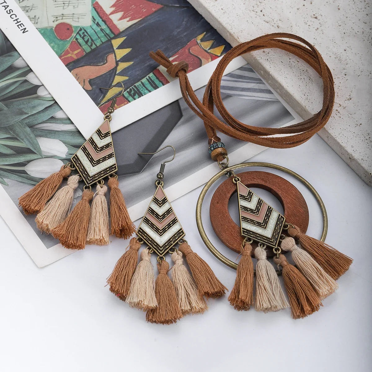 Handmade Wooden Tassle Earrings & Necklace Set