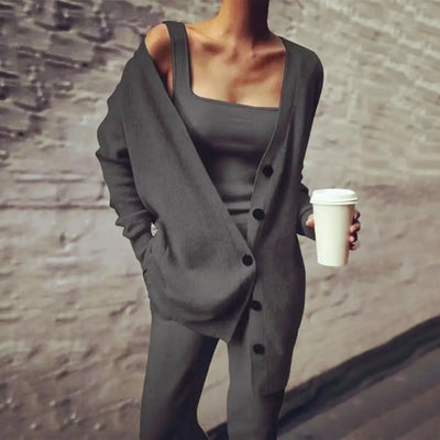 Callira Knitted 3 Piece Tank Top Cardigan & Pants Set