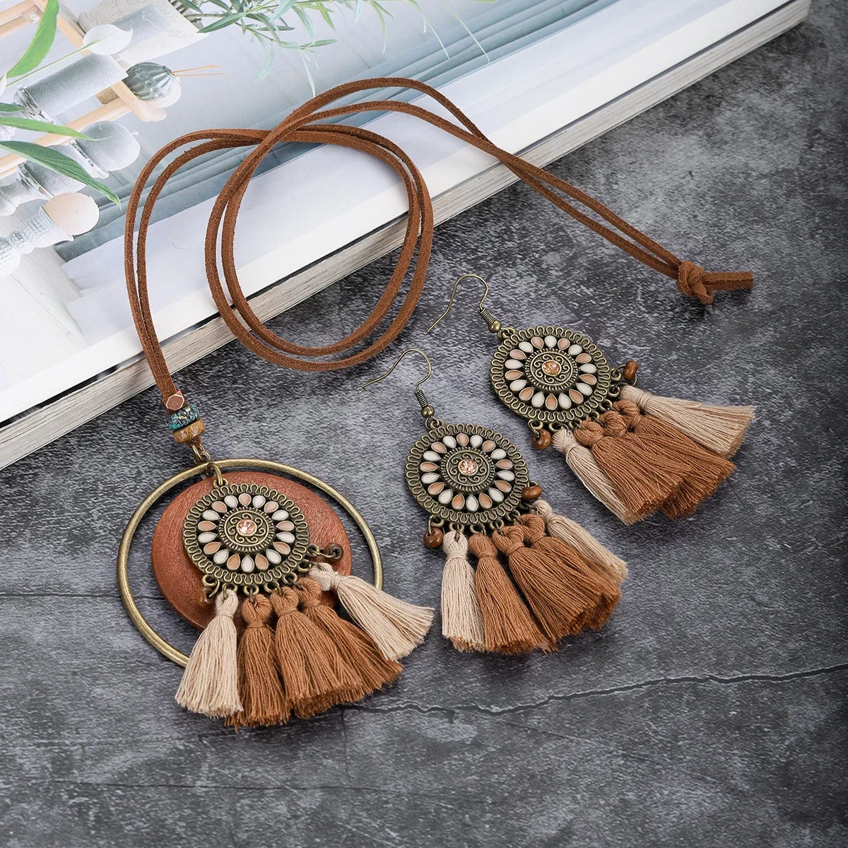 Handmade Wooden Tassle Earrings & Necklace Set