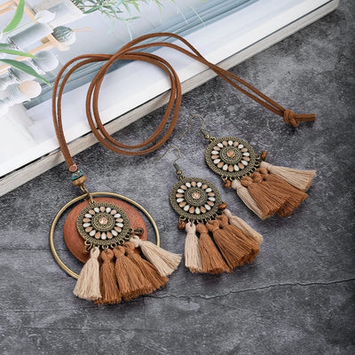 Handmade Wooden Tassle Earrings & Necklace Set