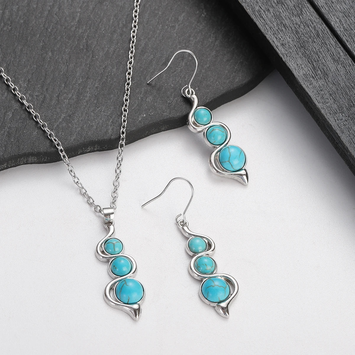 Boho Inlaid Turquoise Round Drop Jewelry Set