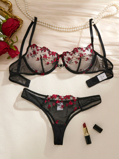 Embroidered Lace Flower Bra & Underwear Set
