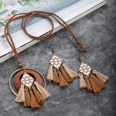 Handmade Wooden Tassle Earrings & Necklace Set