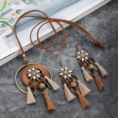 Handmade Wooden Tassle Earrings & Necklace Set