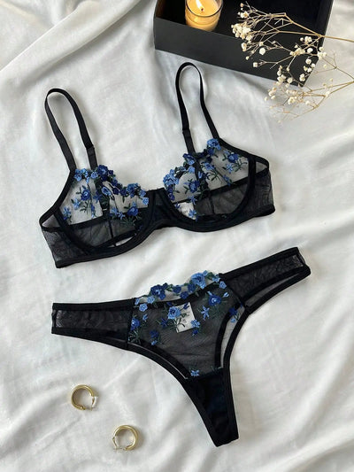 Embroidered Lace Flower Bra & Underwear Set
