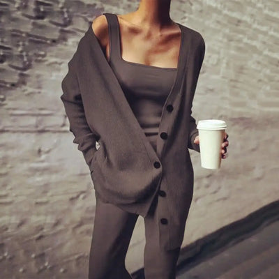 Callira Knitted 3 Piece Tank Top Cardigan & Pants Set