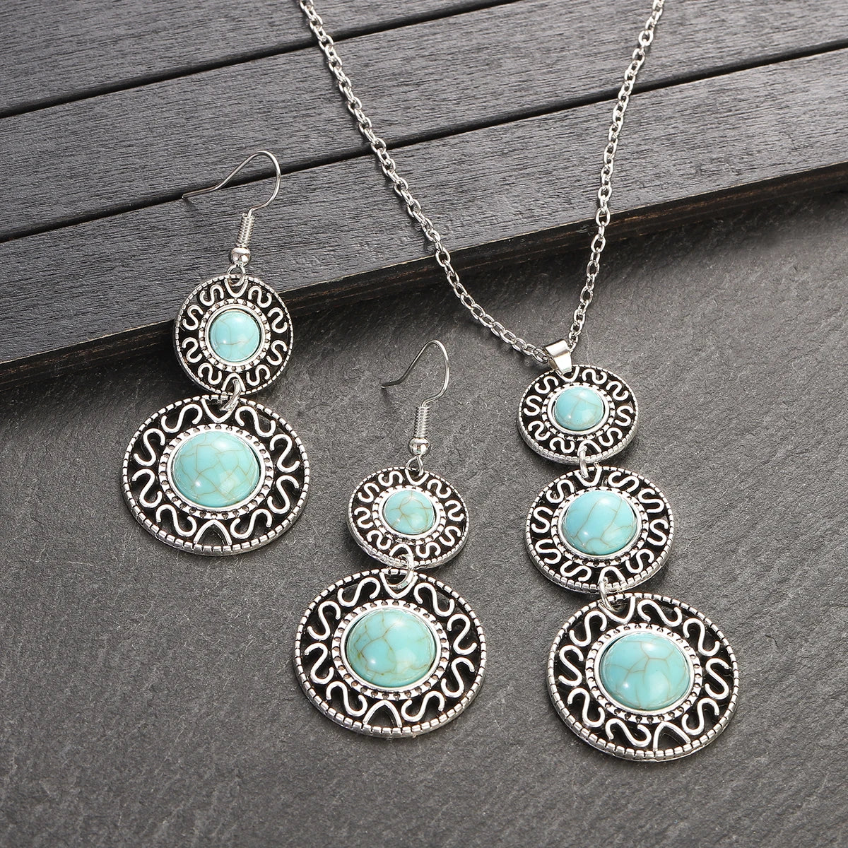 Boho Inlaid Turquoise Round Drop Jewelry Set