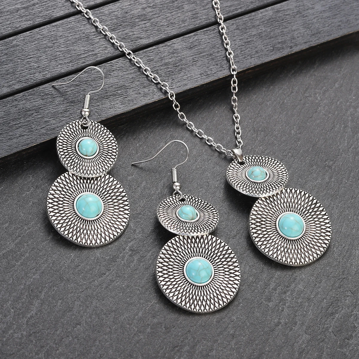 Boho Inlaid Turquoise Round Drop Jewelry Set