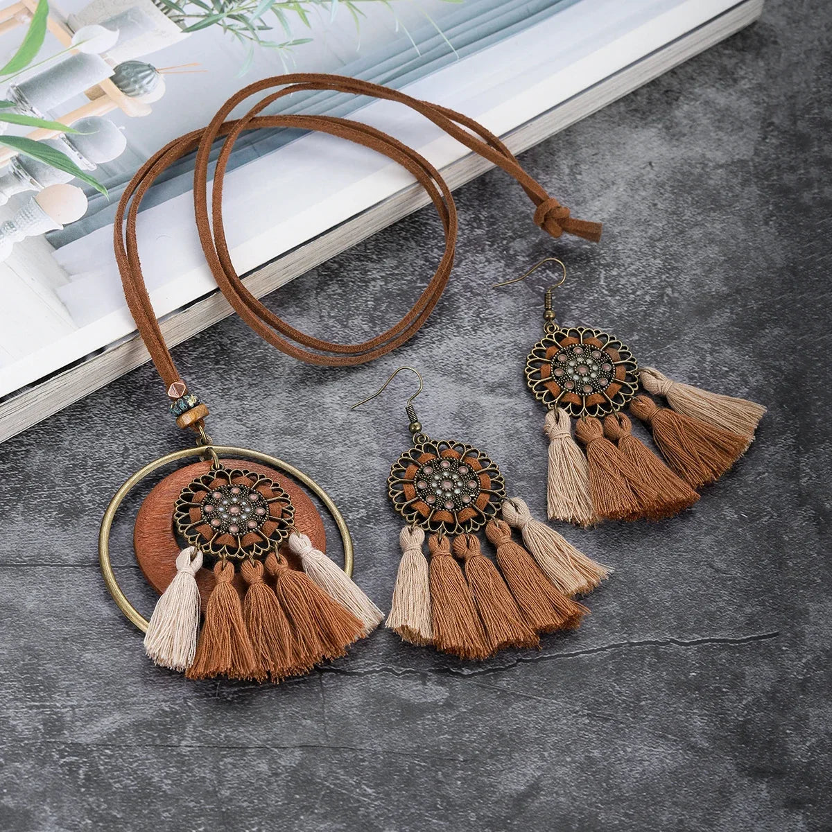 Handmade Wooden Tassle Earrings & Necklace Set