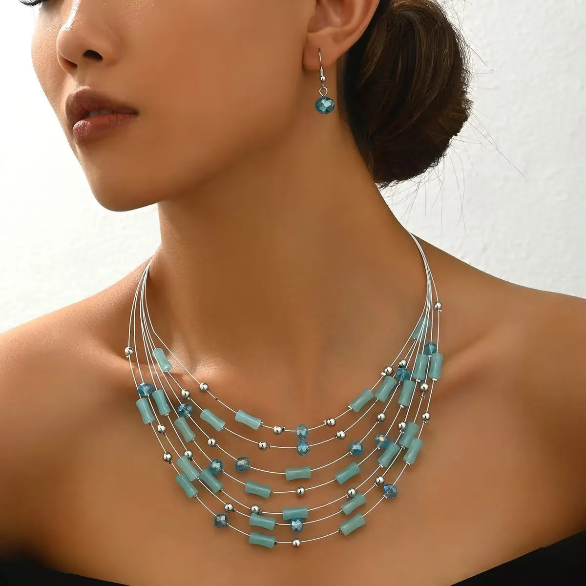 Ethnic Boho Multilayer Crystal Beads Necklace & Earrings Set