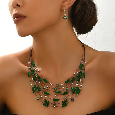 Ethnic Boho Multilayer Crystal Beads Necklace & Earrings Set