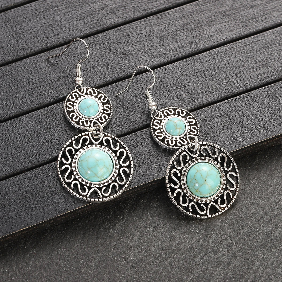 Boho Inlaid Turquoise Round Drop Jewelry Set
