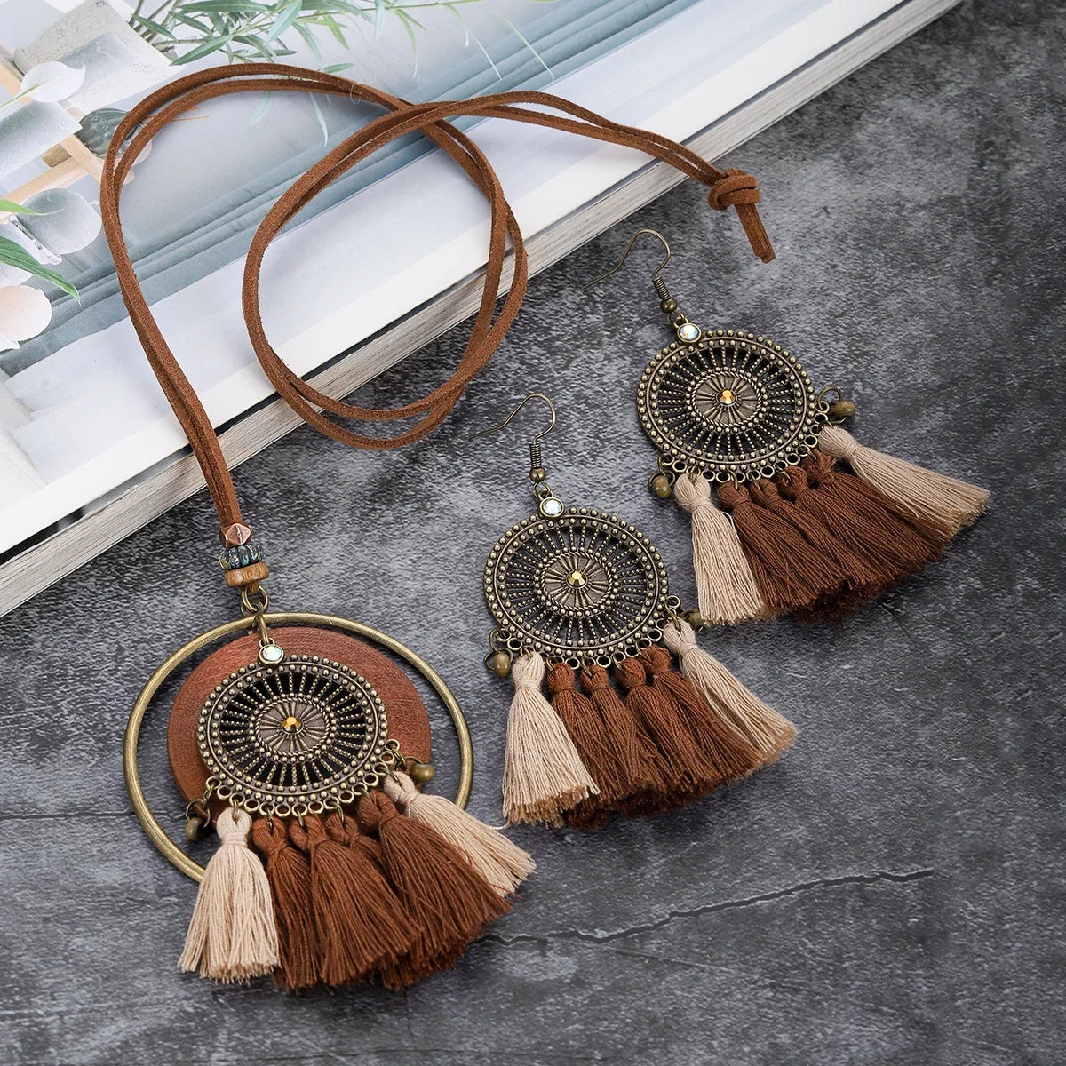 Handmade Wooden Tassle Earrings & Necklace Set