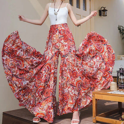 Boho Floral Print Wide Leg Pants