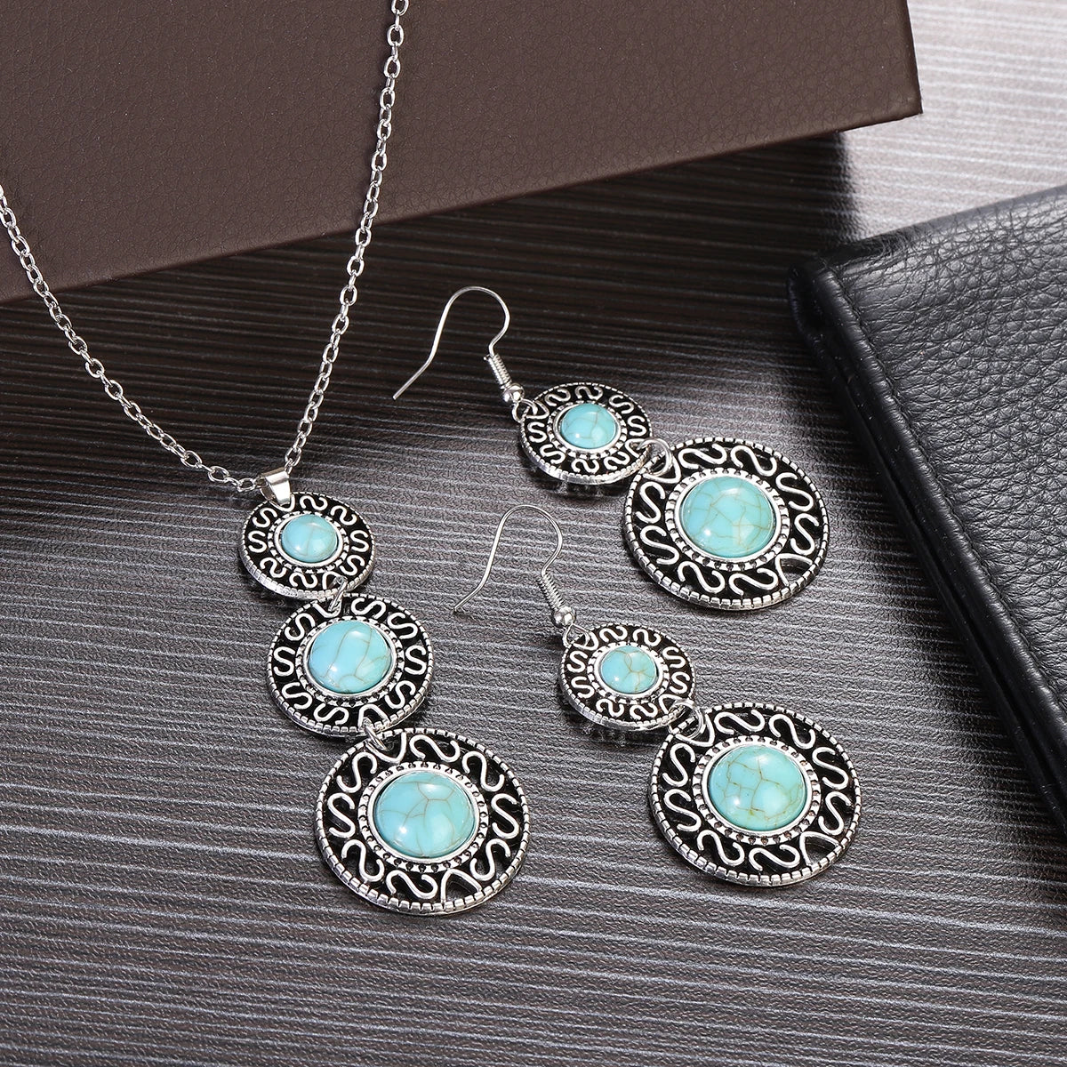 Boho Inlaid Turquoise Round Drop Jewelry Set