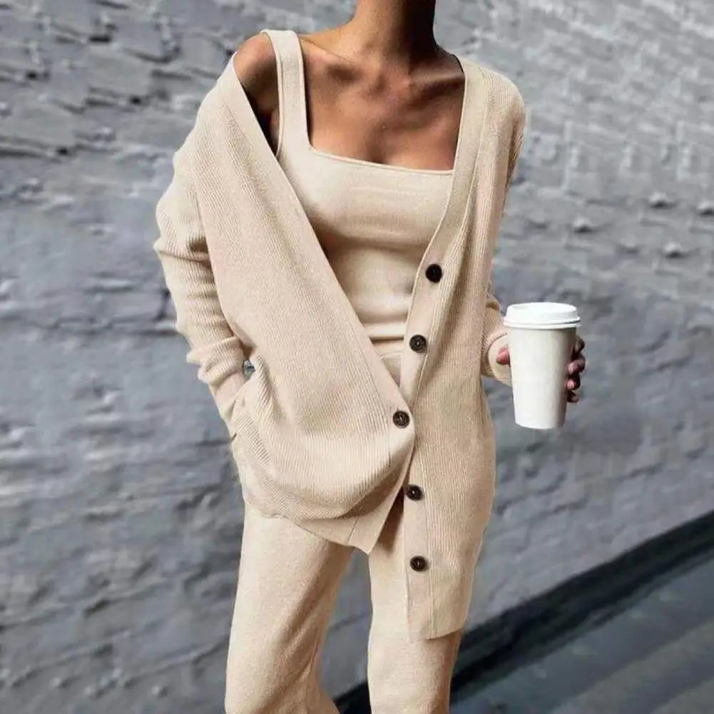 Callira Knitted 3 Piece Tank Top Cardigan & Pants Set