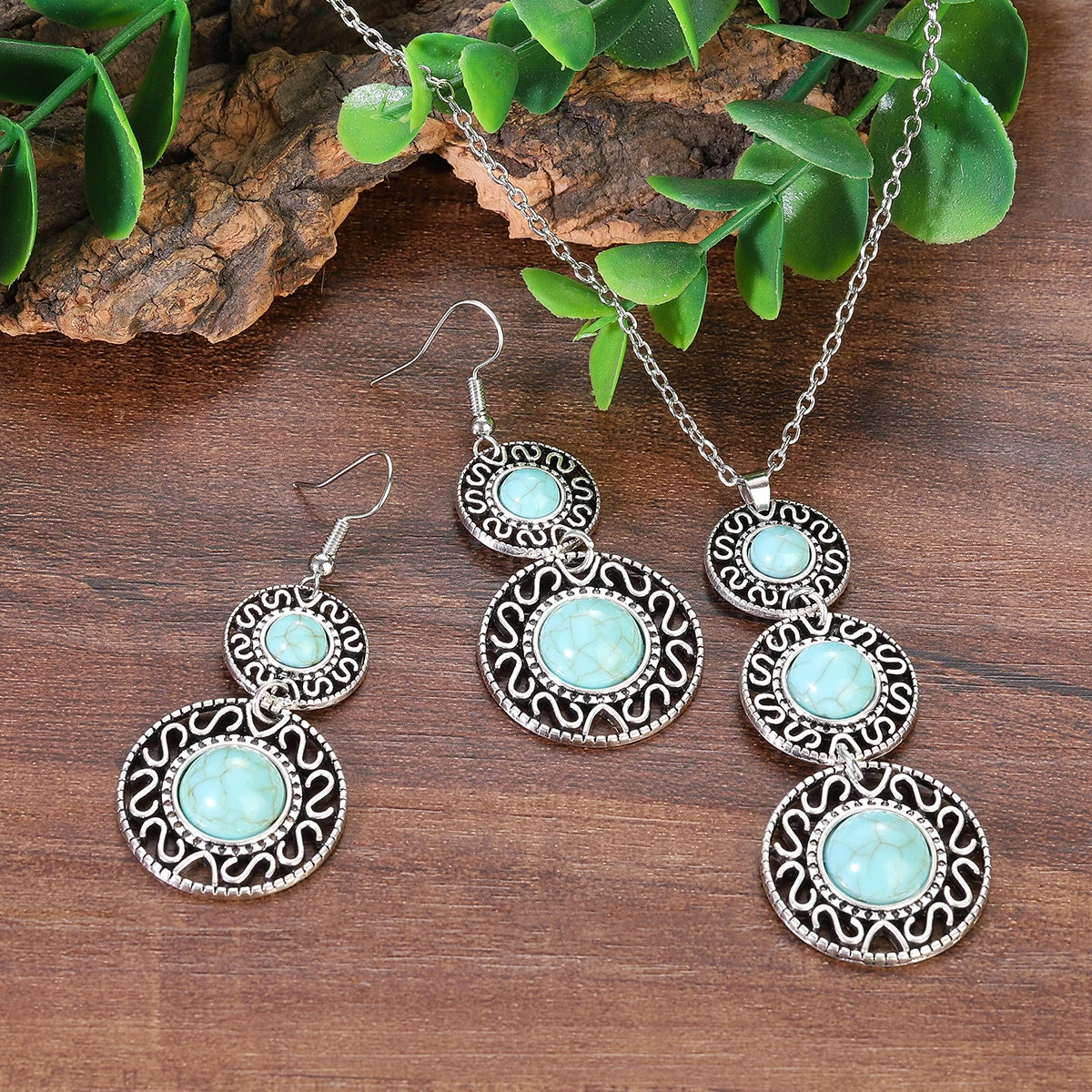 Boho Inlaid Turquoise Round Drop Jewelry Set