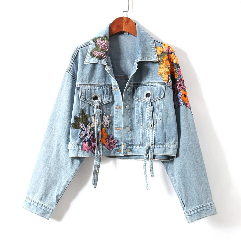 Embroidered Sequin Flower Denim Jacket