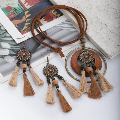 Handmade Wooden Tassle Earrings & Necklace Set