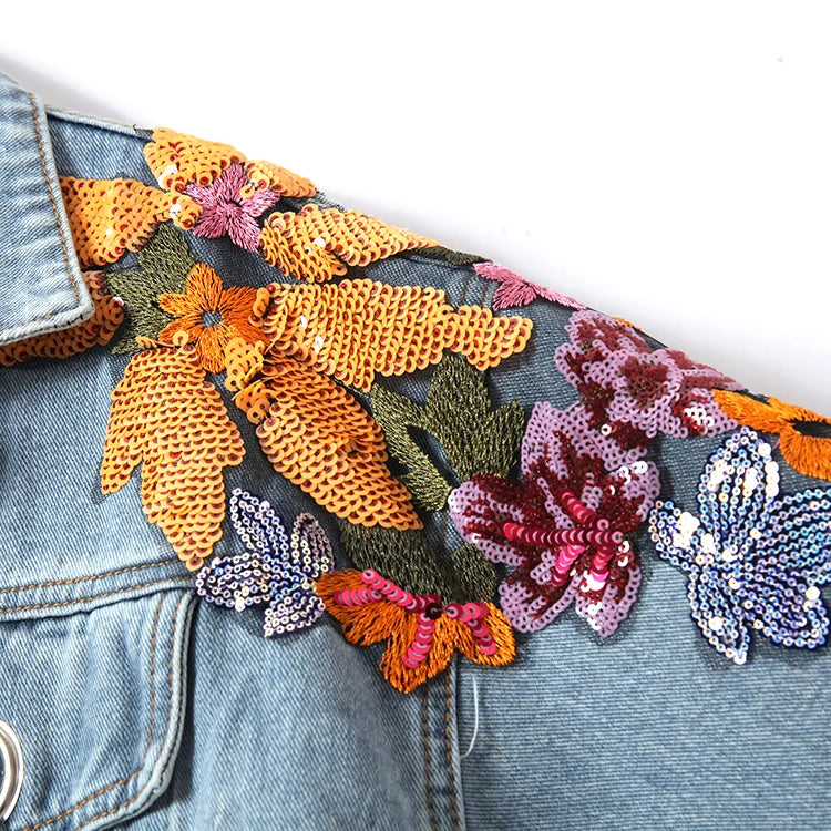 Embroidered Sequin Flower Denim Jacket