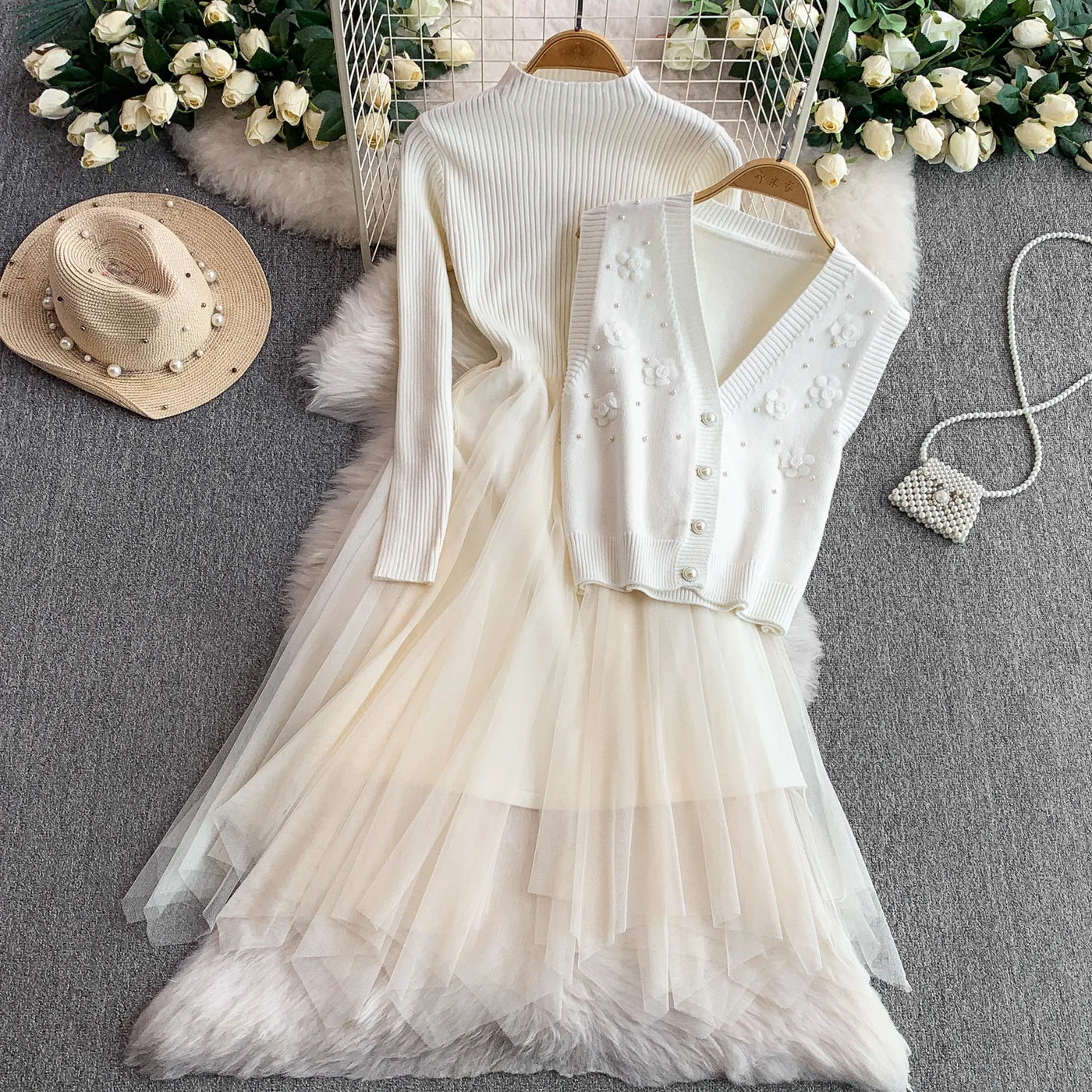 Blushing Rose Chic Dress and Floral Vest Set