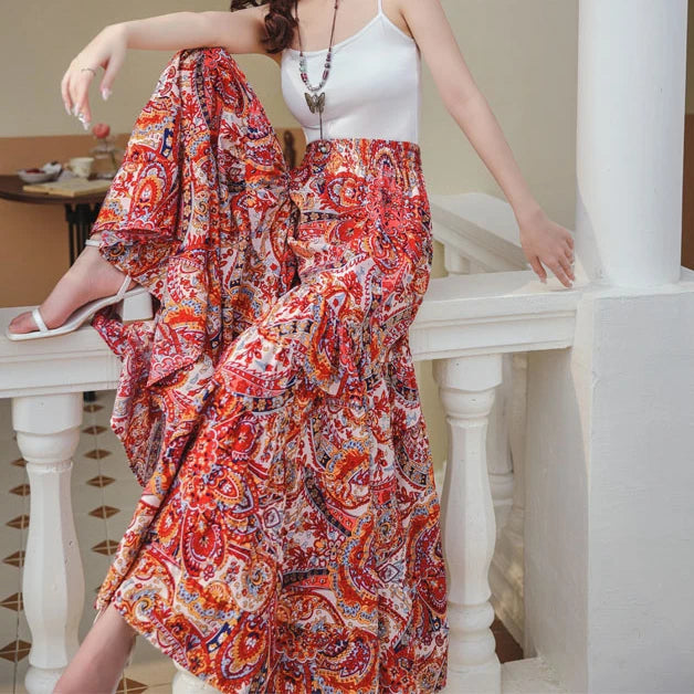 Boho Floral Print Wide Leg Pants