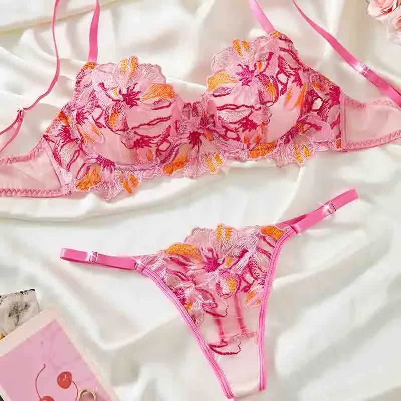 Sunset Embroidered Floral Bra & Underwear Set