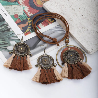 Handmade Wooden Tassle Earrings & Necklace Set