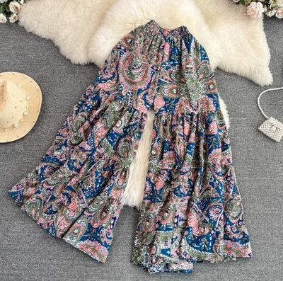 Boho Floral Print Wide Leg Pants